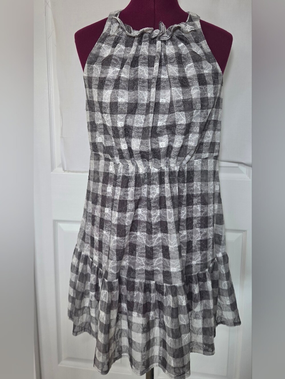 Sheer Romantic Gray Gingham Halter Dress - Fairy Grunge Xs